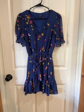 Express Blue Floral Tie-Waist Mini Dress